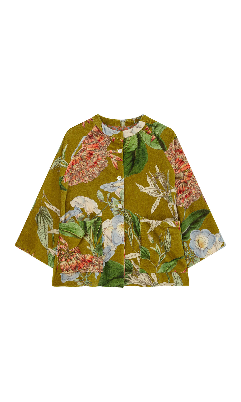 Plümo  Rodart Velvet Jacket with wide sleeves, green floral print, and colorful flowers with leafy botanical designs.