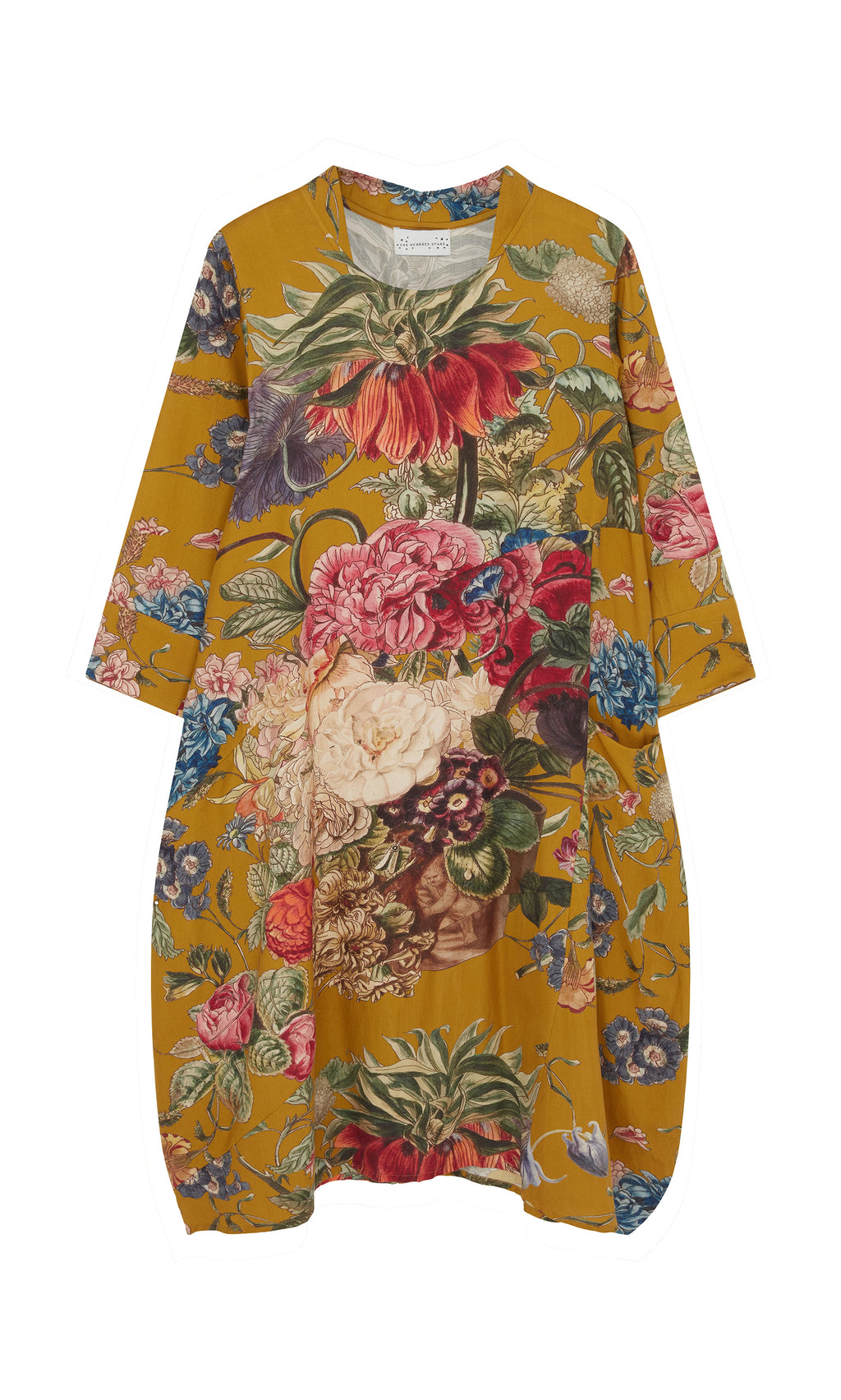 Plümo  Primula Dress - Gold: Relaxed fit, A-line tunic with vibrant yellow florals. Perfect for breezy summer days.