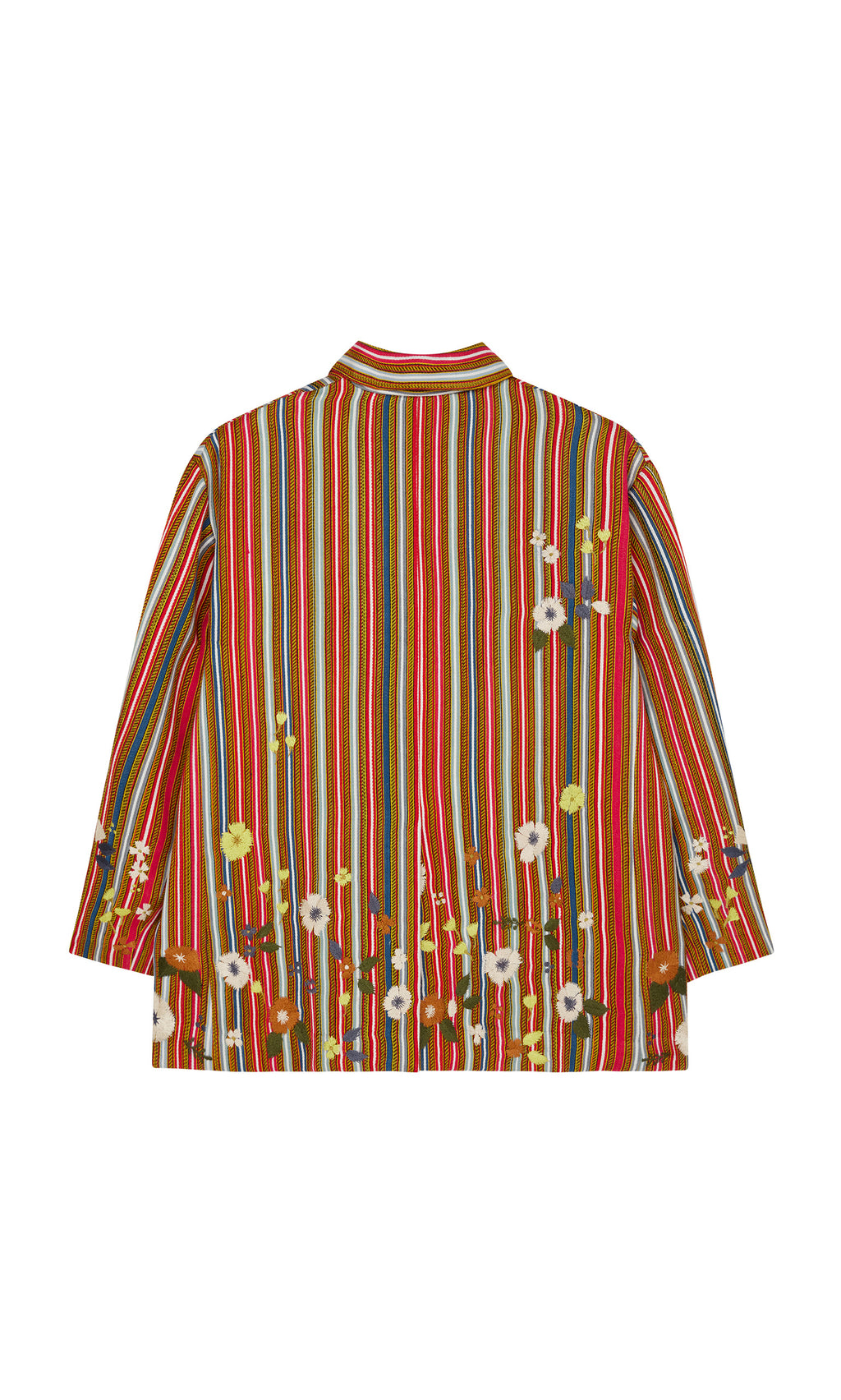 Plümo  The Masha Blazer features vibrant red stripes and hand-stitched flowers near the hem on a sleek silk background.