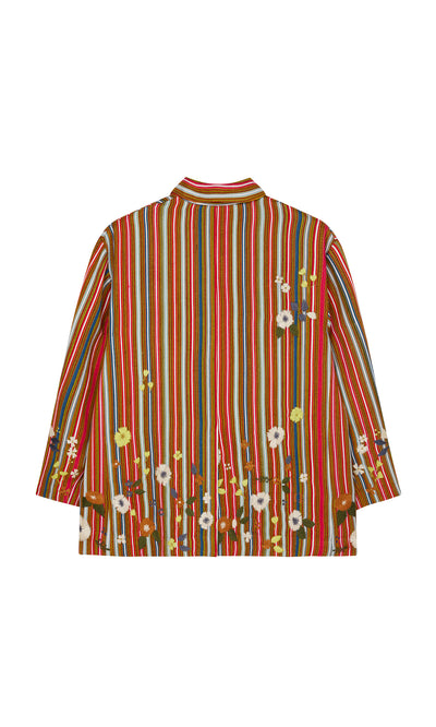 Plümo  The Masha Blazer features vibrant red stripes and hand-stitched flowers near the hem on a sleek silk background.