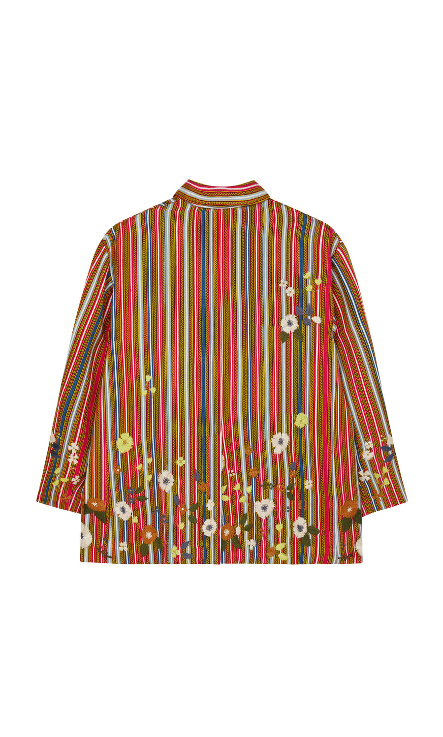 Plümo  The Masha Blazer features vibrant red stripes and hand-stitched flowers near the hem on a sleek silk background.