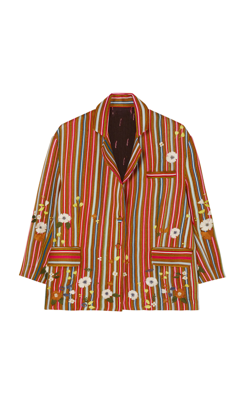Plümo  Masha Blazer: Silk with vivid red stripes, hand-stitched florals, and embroidered crosses on white.