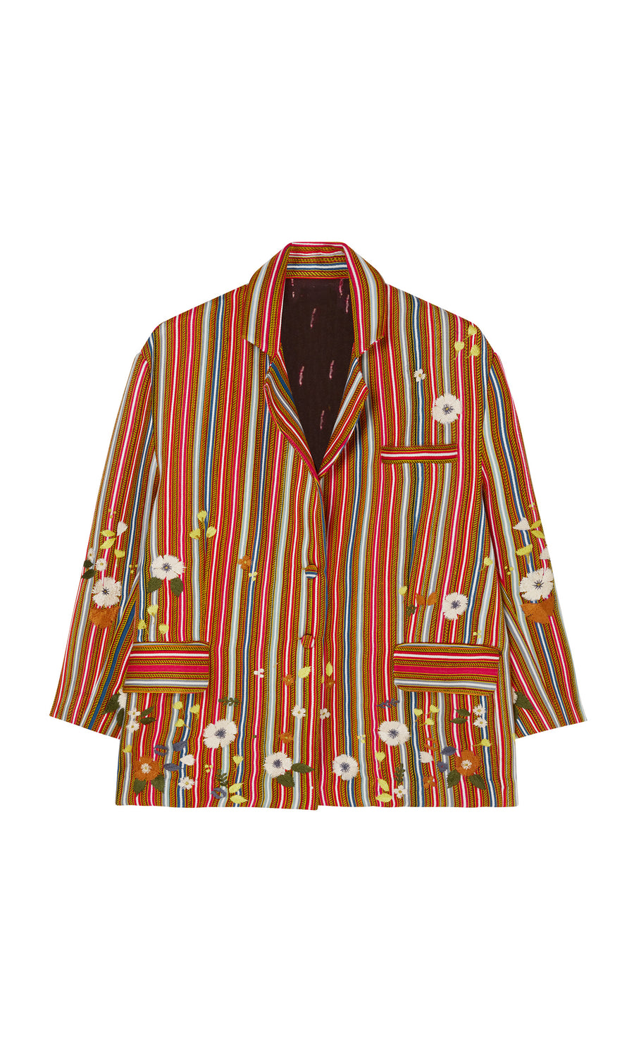 Plümo  Masha Blazer: Silk with vivid red stripes, hand-stitched florals, and embroidered crosses on white.