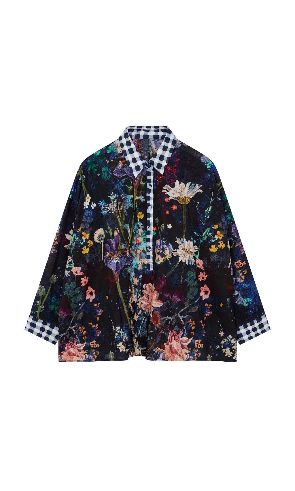 Plümo  Foye Flower Shirt with vibrant florals, gingham collar and cuffs, shown on a plain white background.