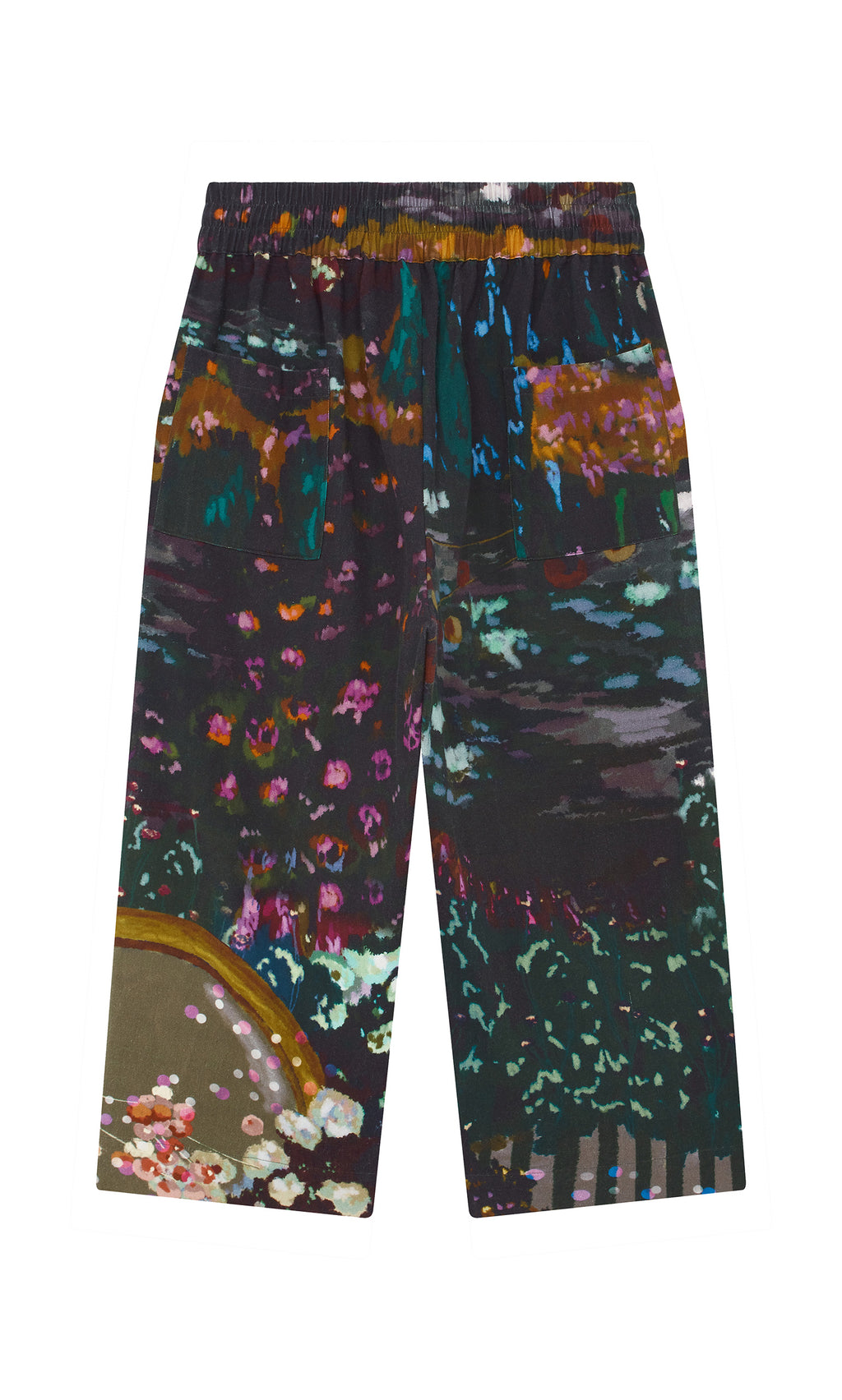 Plümo  Water Colour Pants: knee-length shorts featuring a jewel-toned abstract landscape print and elastic waistband.