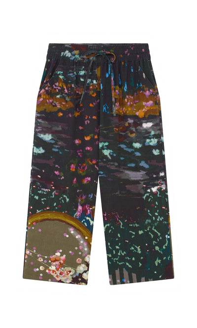 Plümo  Water Colour Pants: Jewel-toned wide-leg cotton pants in green, pink, and brown, made with sustainable production.