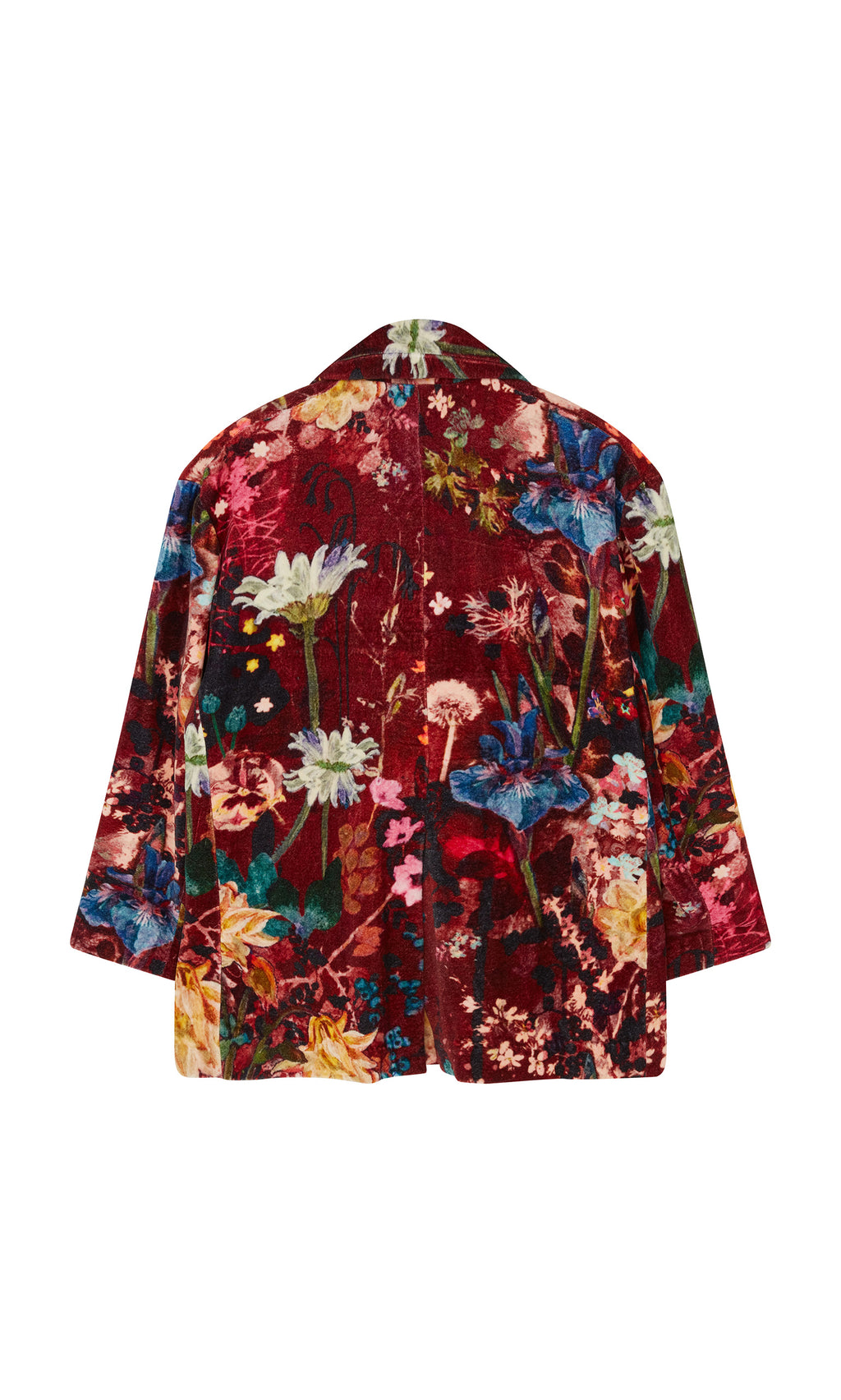 Plümo  The Velvetine Blazer features vibrant florals on deep red velvet, shown from the back—Paris atelier-inspired style.