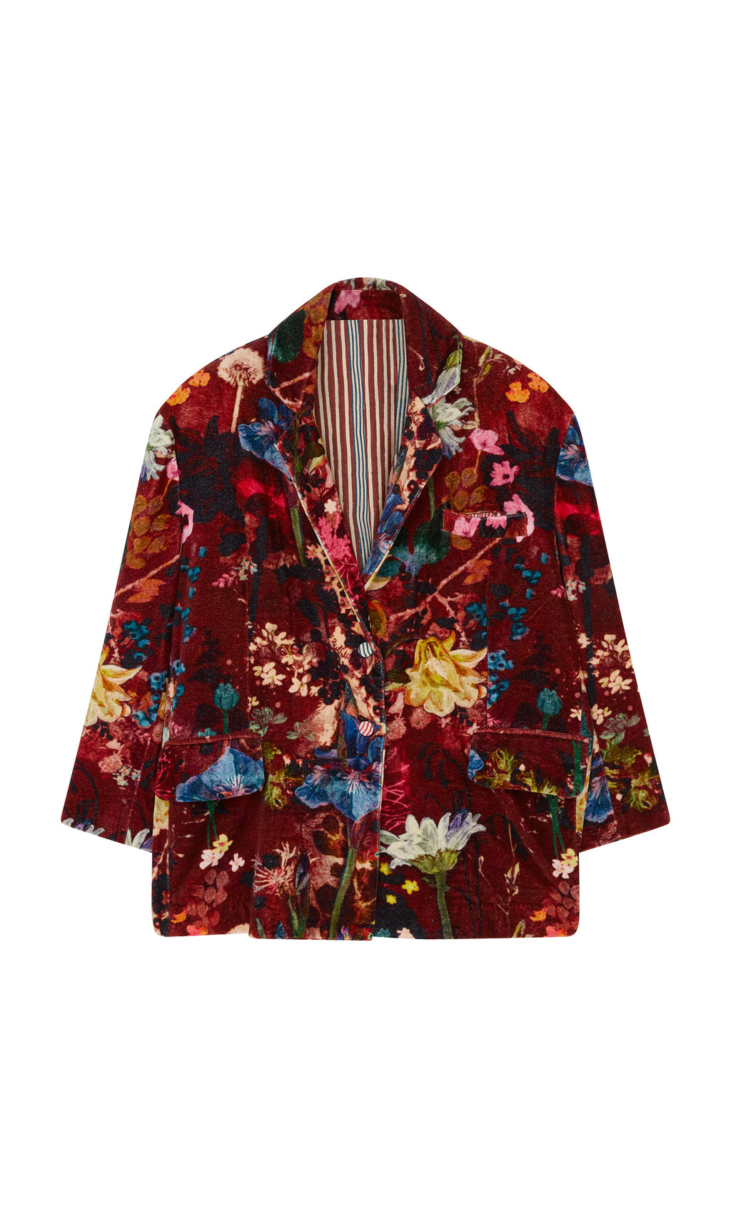 Plümo  Velvetine Blazer: Red velvet jacket with floral print, striped lining, roomy pockets—crafted by a Paris atelier.