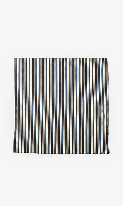 Plümo  Blue Stripe Necktie with variegated vertical black and blue stripes, laid flat on a white background.