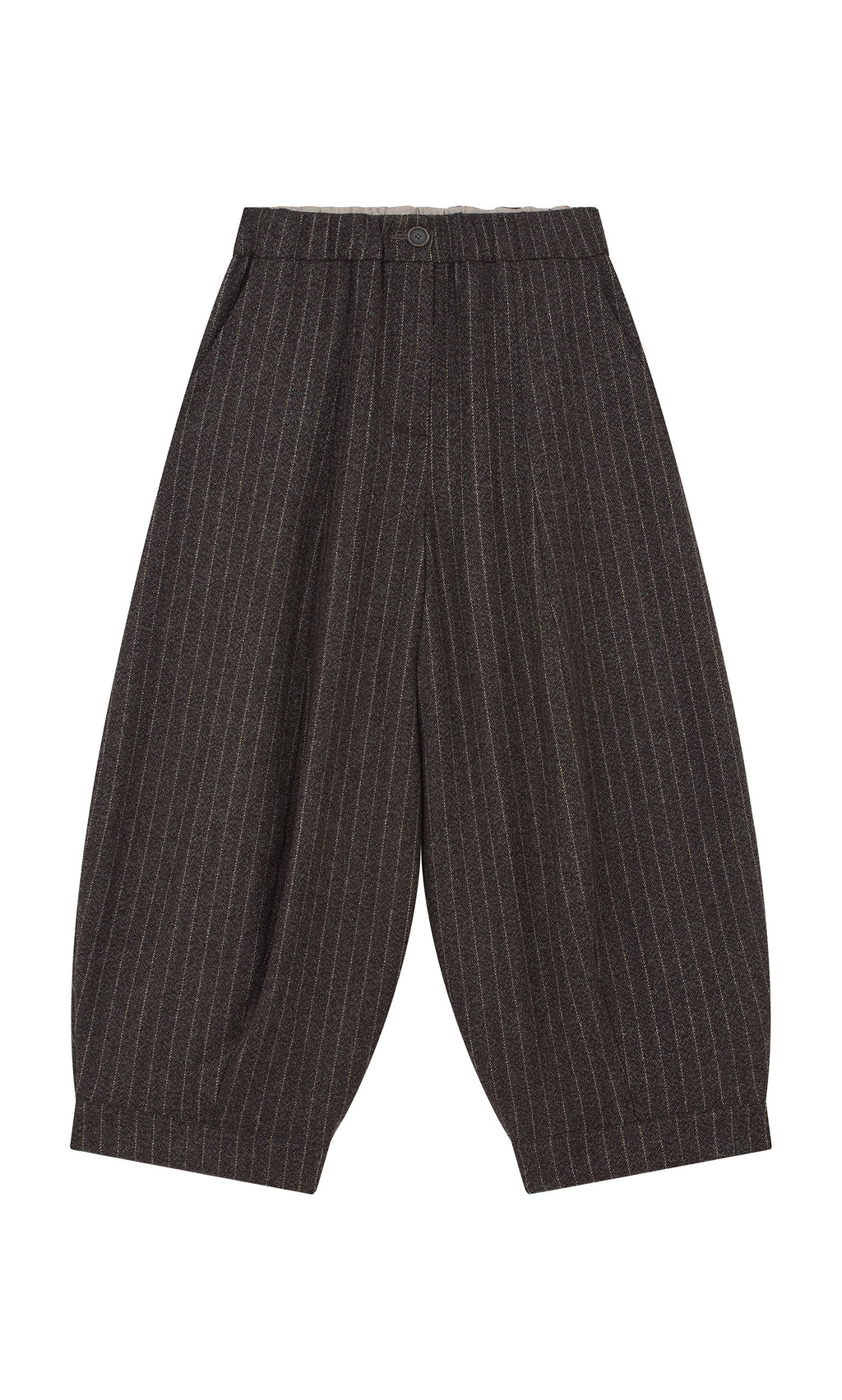 Plümo  Troy Pants: Wool pinstripe, wide-leg cropped pants with pleats and curved silhouette, shown flat on white background.