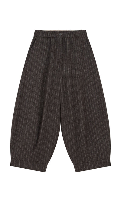 Plümo  Troy Pants: Wool pinstripe, wide-leg cropped pants with pleats and curved silhouette, shown flat on white background.