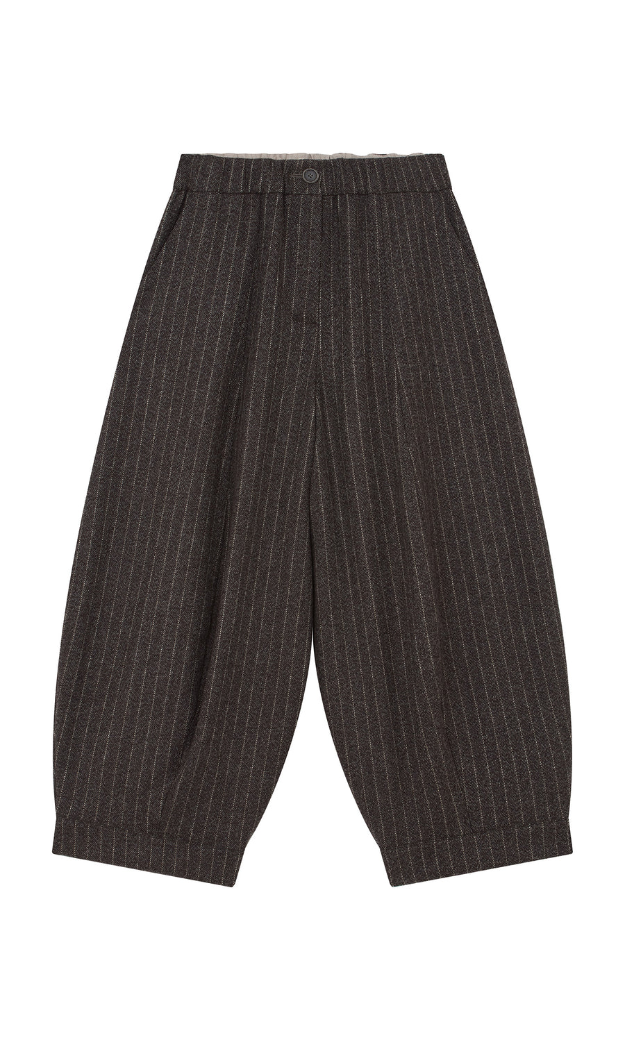 Plümo  Troy Pants: Wool pinstripe, wide-leg cropped pants with pleats and curved silhouette, shown flat on white background.