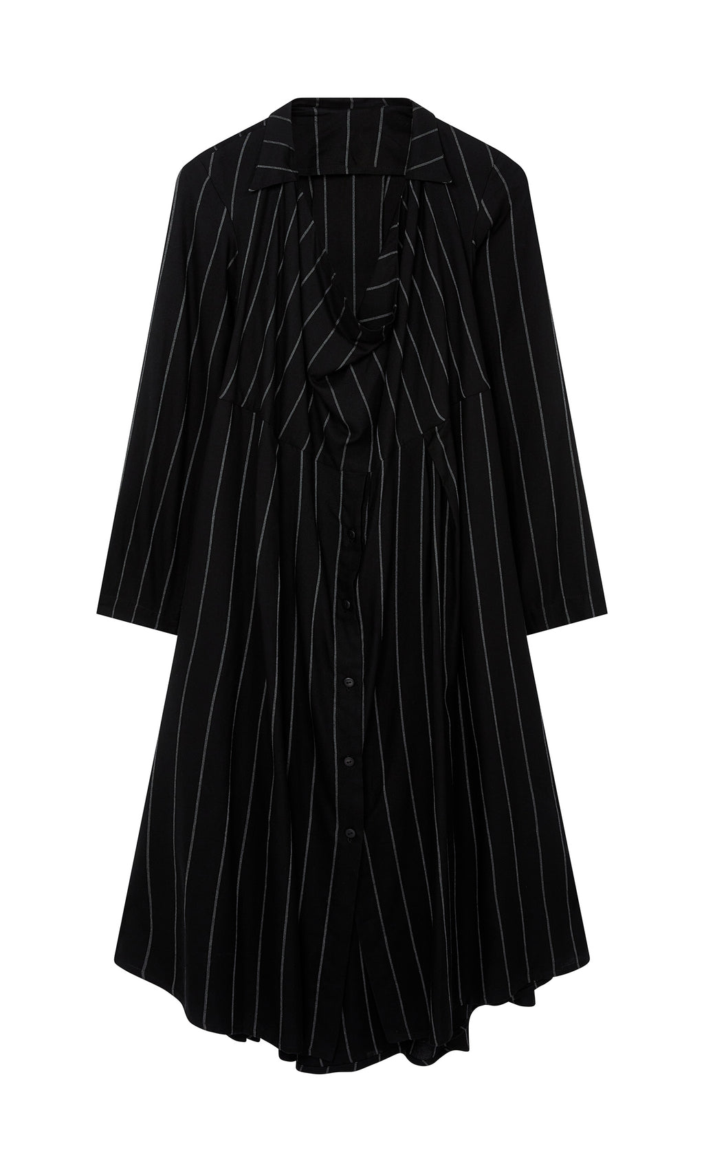 Plümo  The Manza Dress: a pinstriped tunic with a draped open neck, inspired by classic menswear for modern elegance.