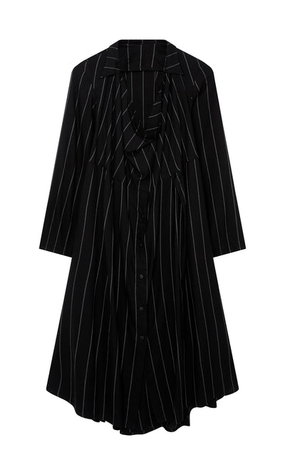 Plümo  The Manza Dress: a pinstriped tunic with a draped open neck, inspired by classic menswear for modern elegance.