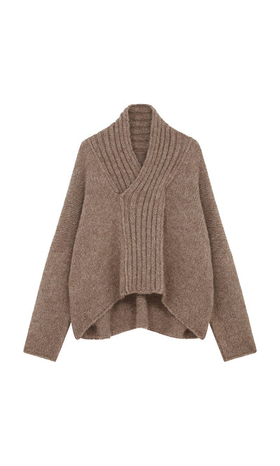 Plümo  Shawl Collar Jumper: brown wool, ribbed shawl neck, high-low hem, shown on a white background.
