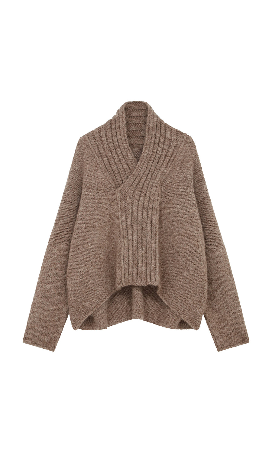 Plümo  Shawl Collar Jumper: brown wool, ribbed shawl neck, high-low hem, shown on a white background.