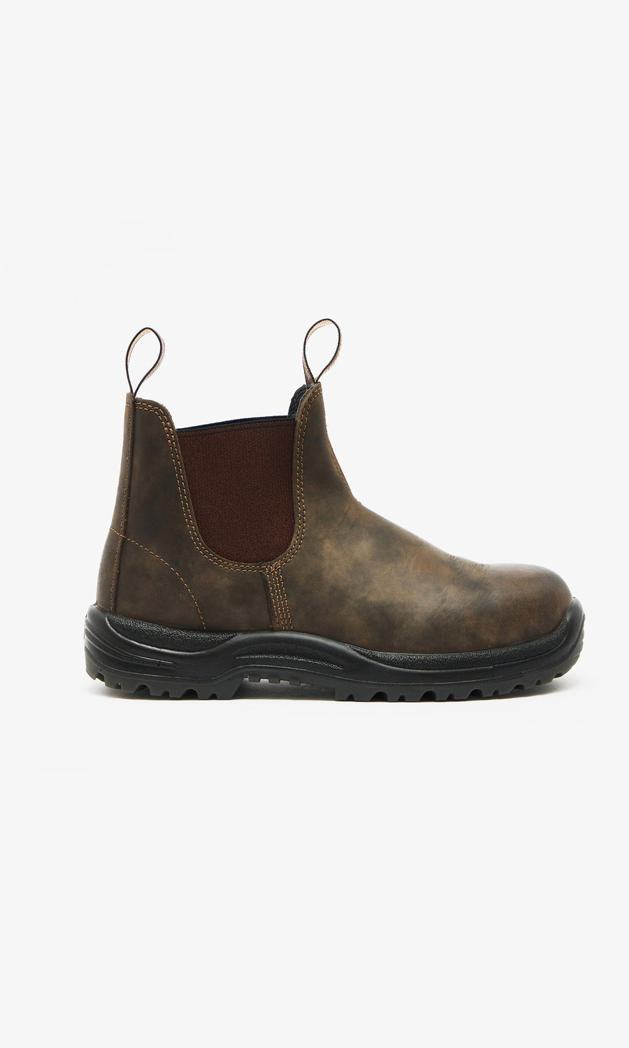 Plümo  Blunstone Boots - Rustic Brown with black sole, elastic side panel, and pull tabs, shown from a side view.