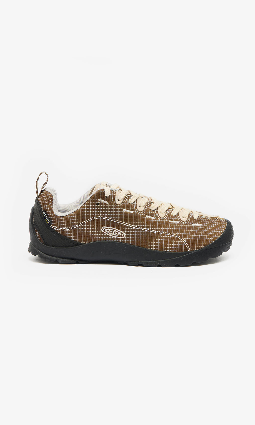 Plümo  Walking Shoes in brown/black canvas, grid pattern, white laces, KEEN logo, shown in profile view.