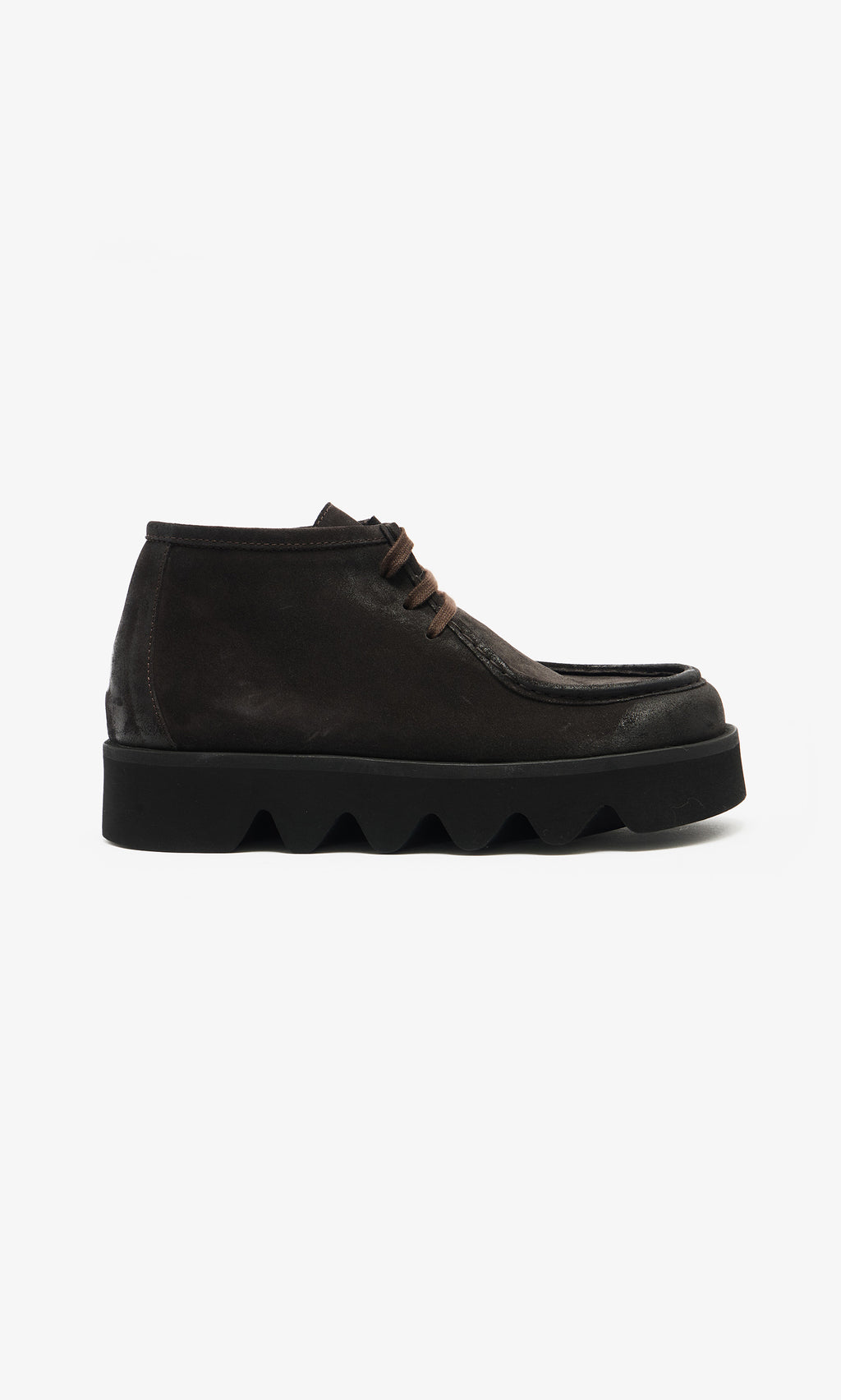 Plümo  Rolla Boots: Black suede lace-up with Italian craftsmanship and a chunky ridged platform, shown in side profile.