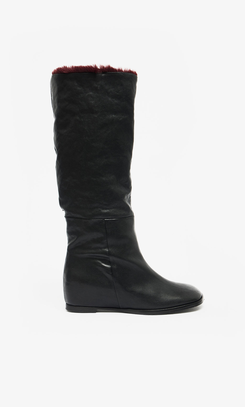Plümo  Briony Boots: knee-high black leather with hidden wedge and dark red faux fur trim, on white background.