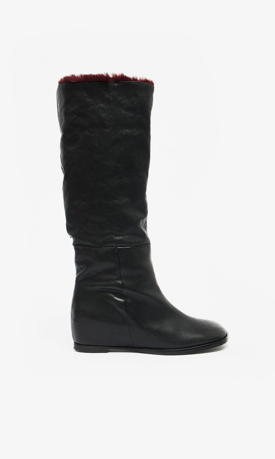 Plümo  Briony Boots: knee-high black leather with hidden wedge and dark red faux fur trim, on white background.