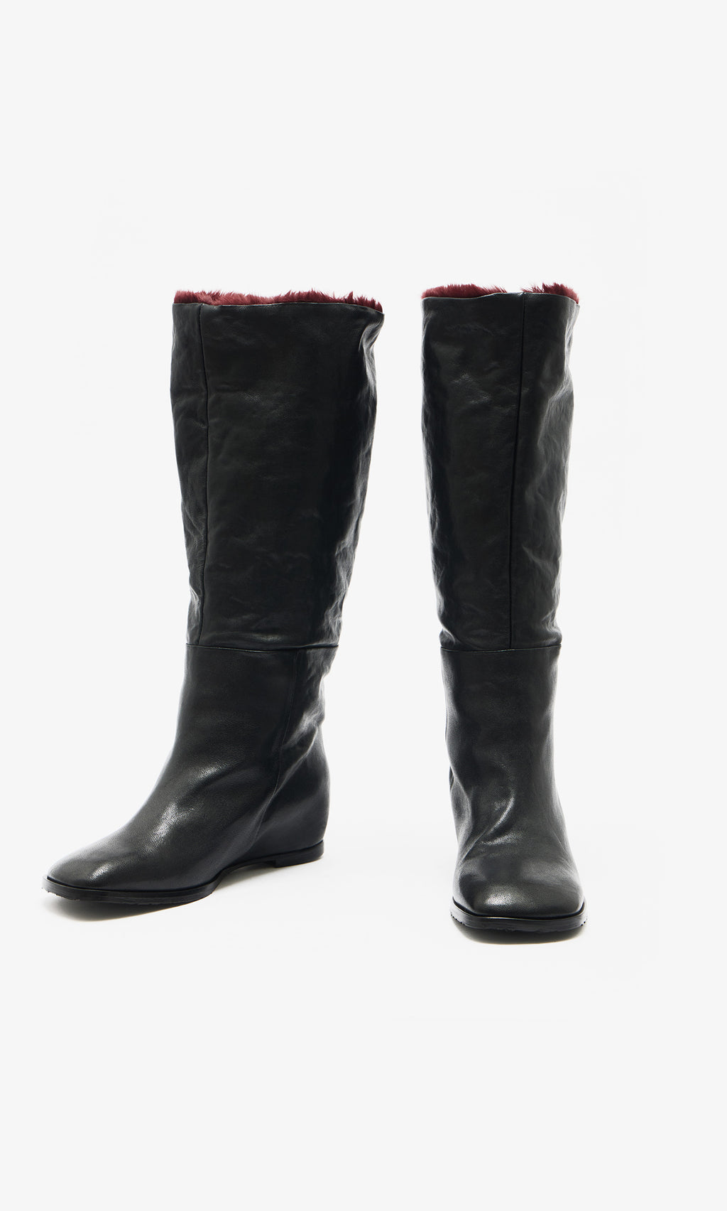 Plümo  Briony Boots: knee-high black leather with hidden wedge  burgundy faux fur lining on a white background.