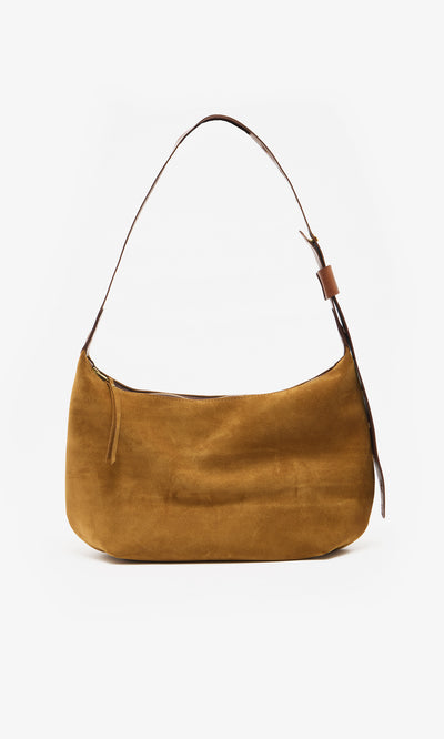 Plümo  Kiel Suede Bag: brown suede with Italian vegetable-tanned leather strap, crafted by Brighton atelier.
