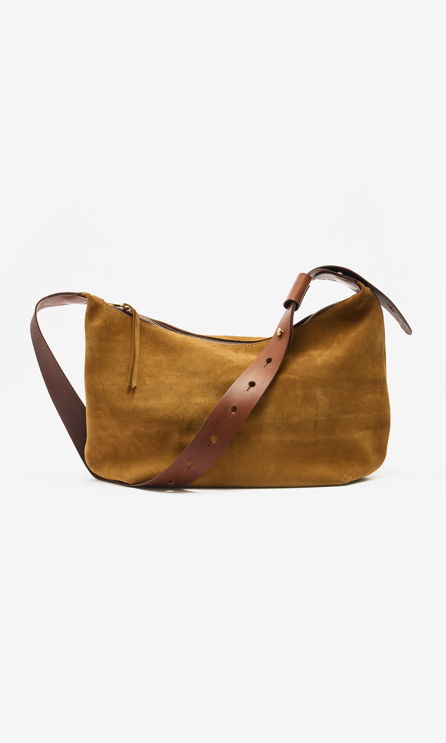Plümo  Kiel Suede Bag in brown with Italian vegetable-tanned leather strap and zipper, shown on white background.