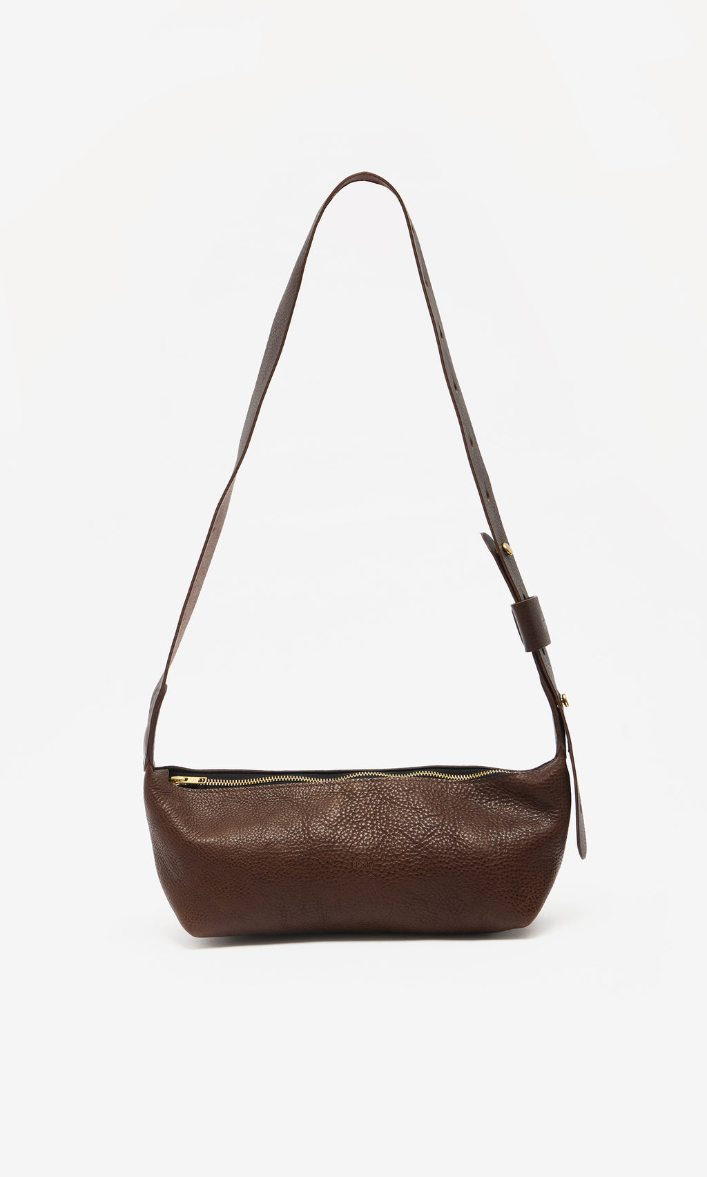 Plümo  Hattie Bag: Dark brown Italian veg-tanned leather shoulder bag with zipper closure and adjustable strap.