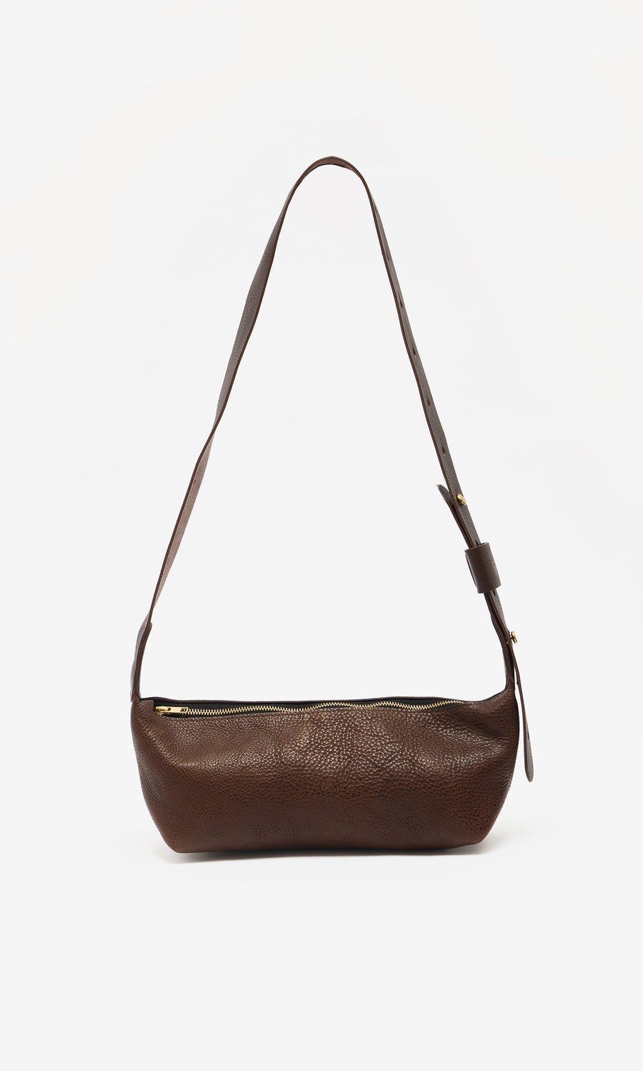 Plümo  Hattie Bag: Dark brown Italian veg-tanned leather shoulder bag with zipper closure and adjustable strap.