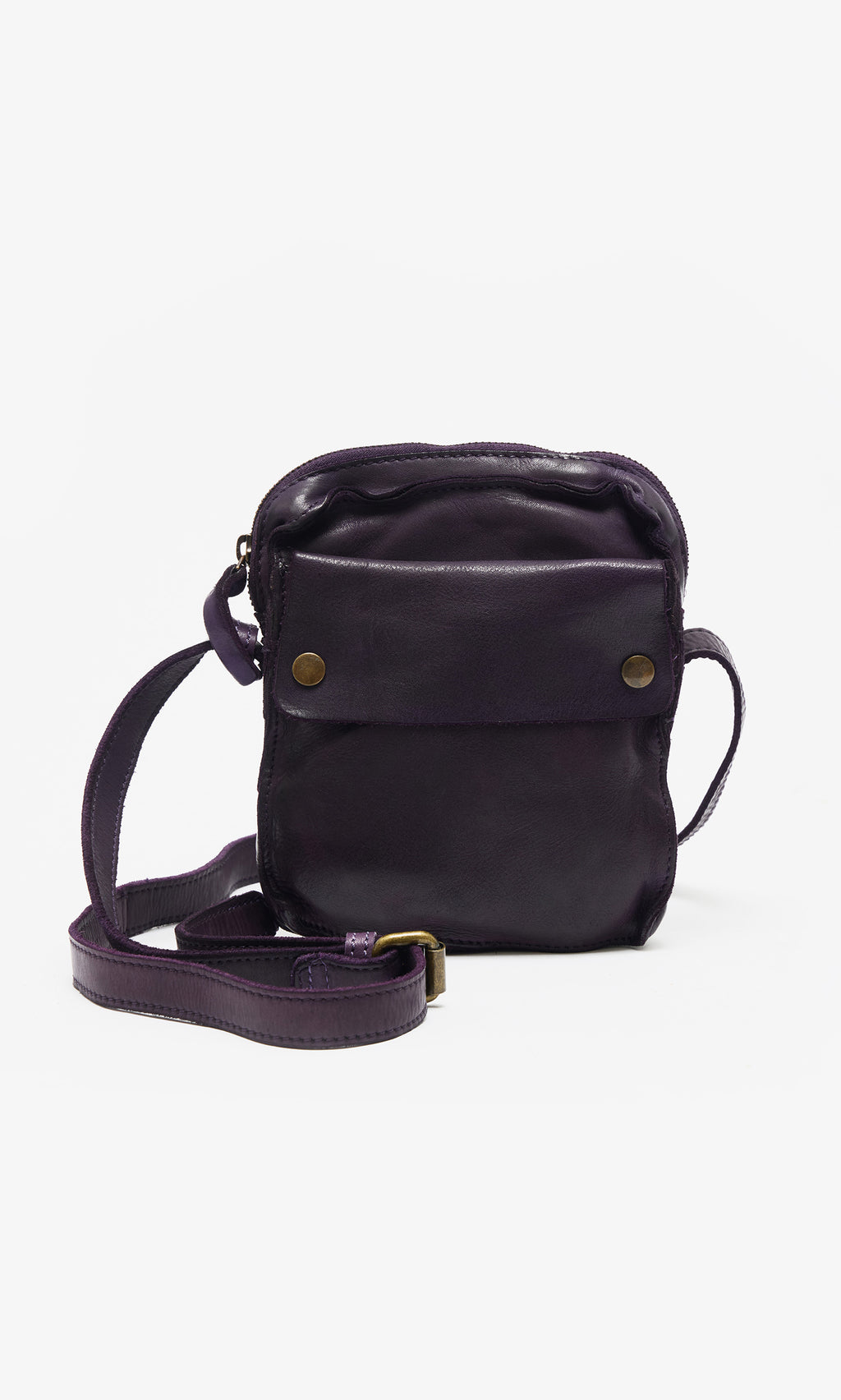 Plümo  Loyd Bag: Small dark purple leather pouch with front pocket, brass buttons, and adjustable strap for versatile wear.