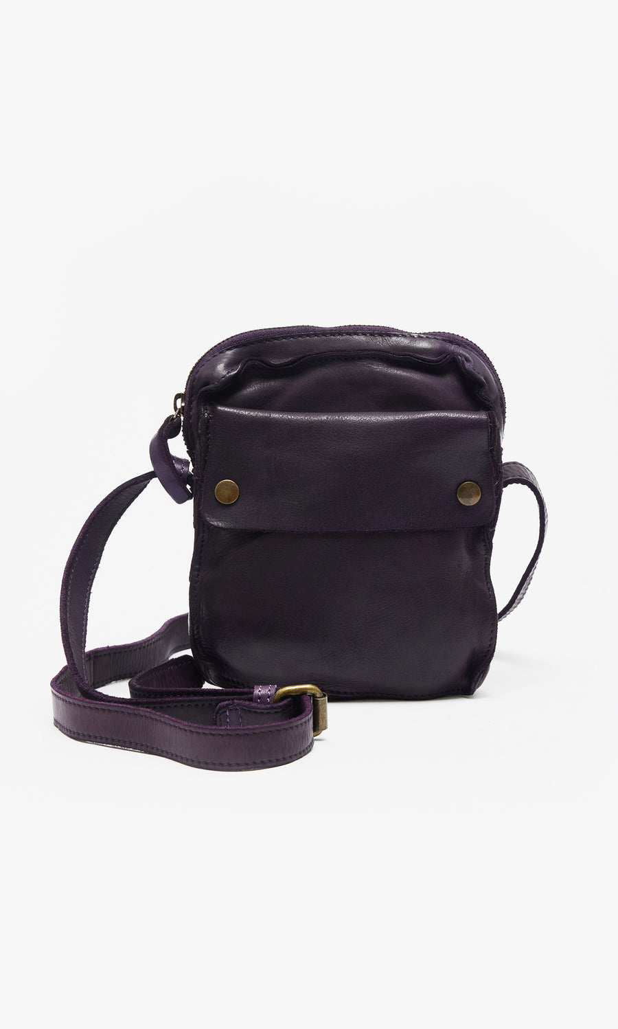 Plümo  Loyd Bag: Small dark purple leather pouch with front pocket, brass buttons, and adjustable strap for versatile wear.