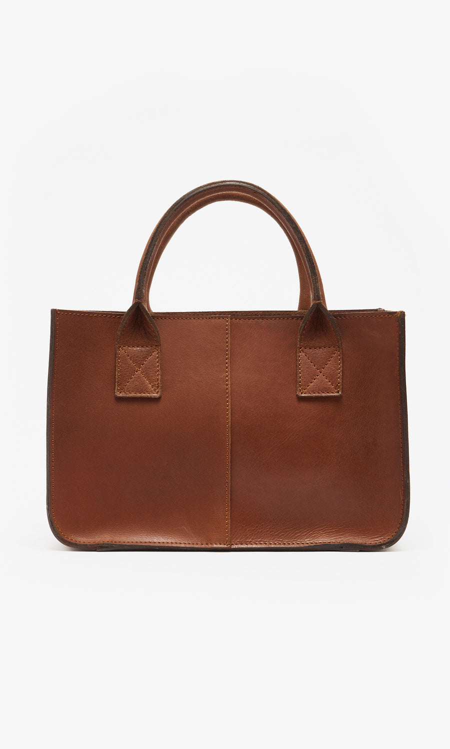 Plümo  Toni Bag: British-designed brown leather tote with two handles, shown front view on white background.