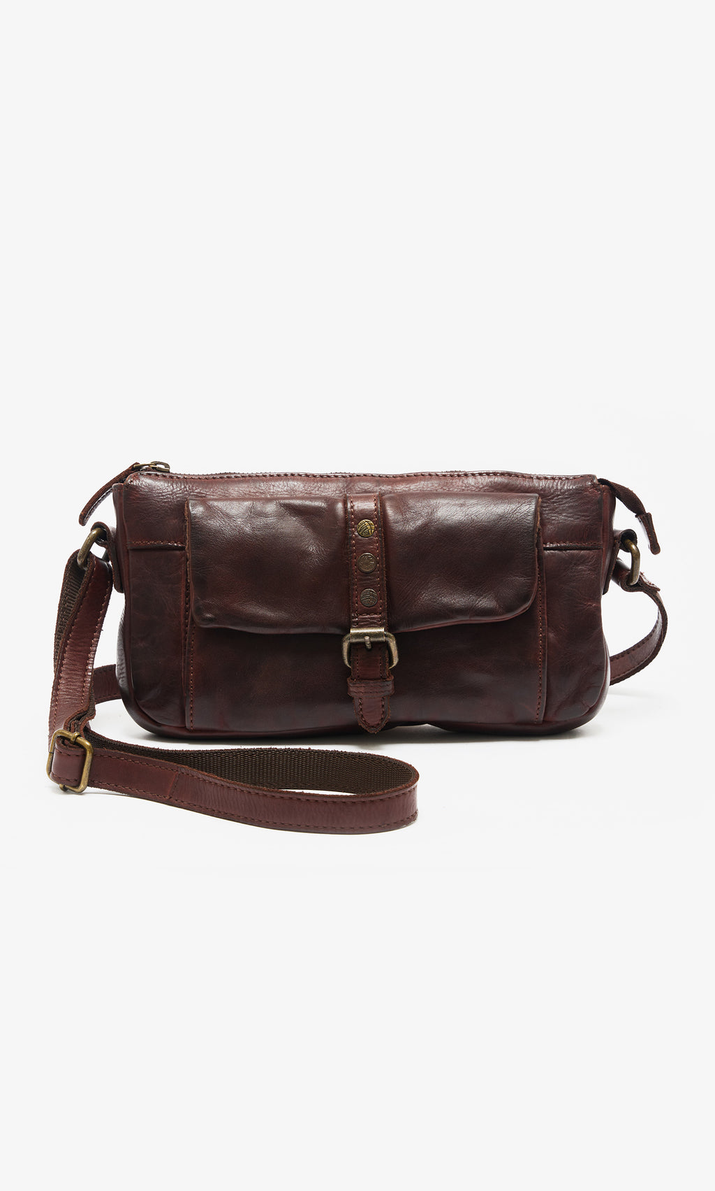 Plümo  Luxton Bag: dark brown chestnut satchel with front buckle, studs, and adjustable strap on white background.