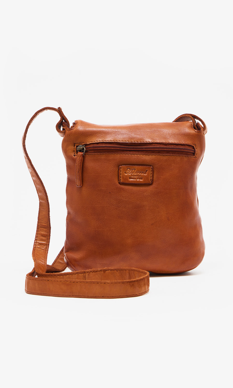 Plümo  Chestnut Parcel Bag: British design, tumbled leather, front zip pocket, long adjustable strap.
