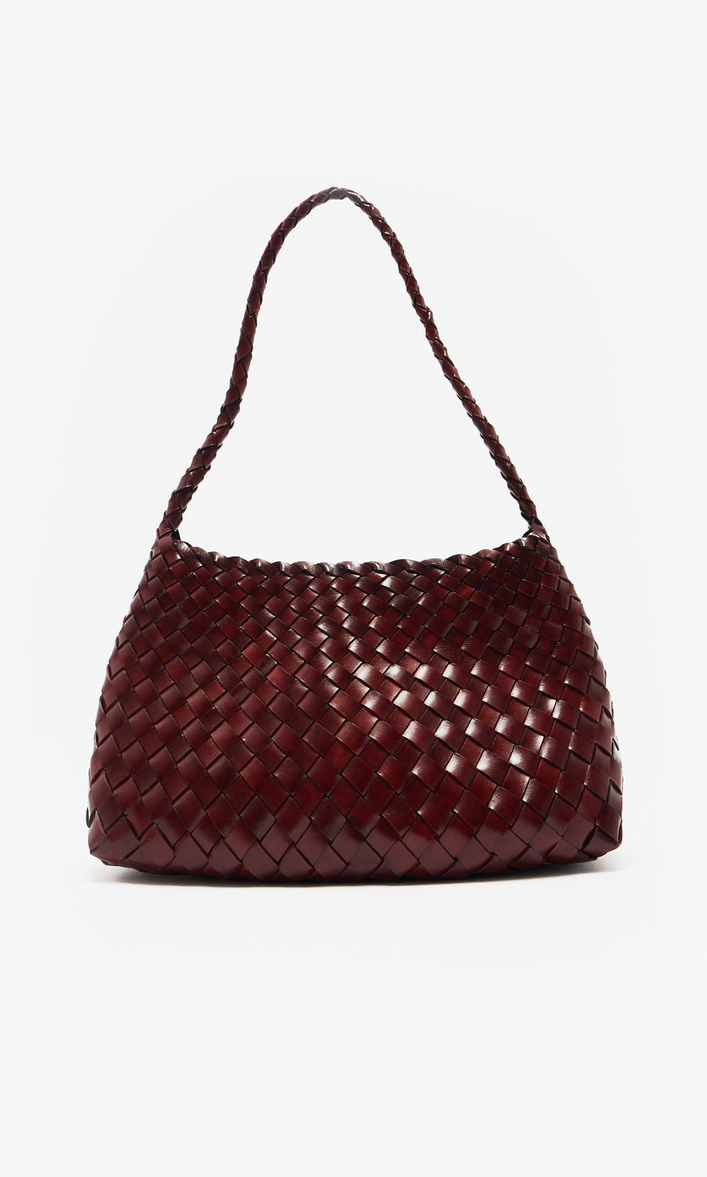 Plümo  Moone Bag: dark red hand-woven leather shoulder bag from South Africa, shown on a plain white background.