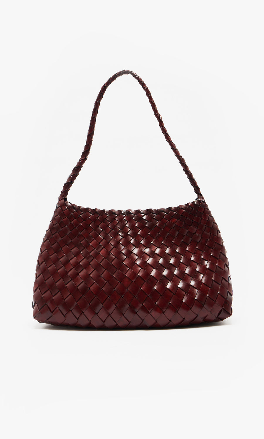 Plümo  Moone Bag: dark red hand-woven leather shoulder bag from South Africa, shown on a plain white background.