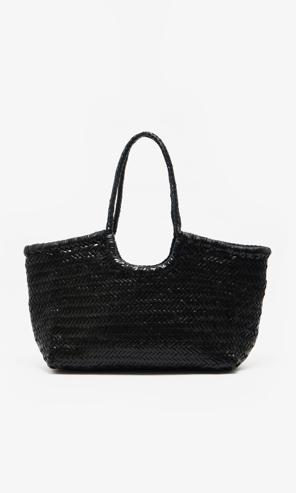 Plümo  Lyle Bag: Black woven straw tote with braided handles, shown upright against a white background.