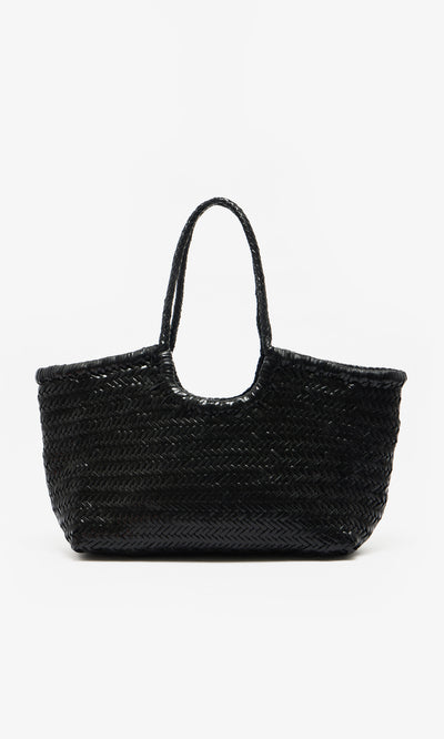Plümo  Lyle Bag: Black woven straw tote with braided handles, shown upright against a white background.