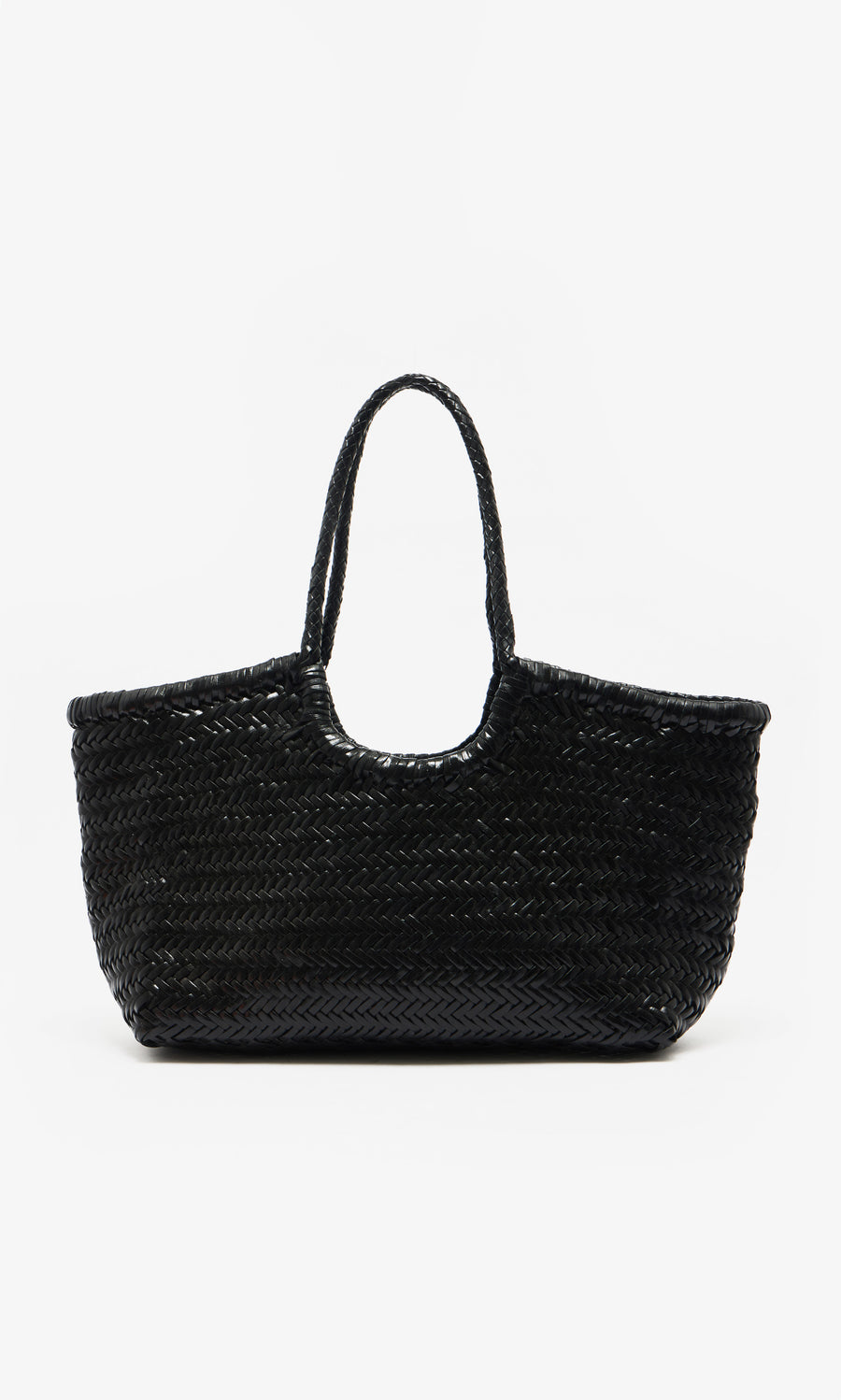 Plümo  Lyle Bag: Black woven straw tote with braided handles, shown upright against a white background.