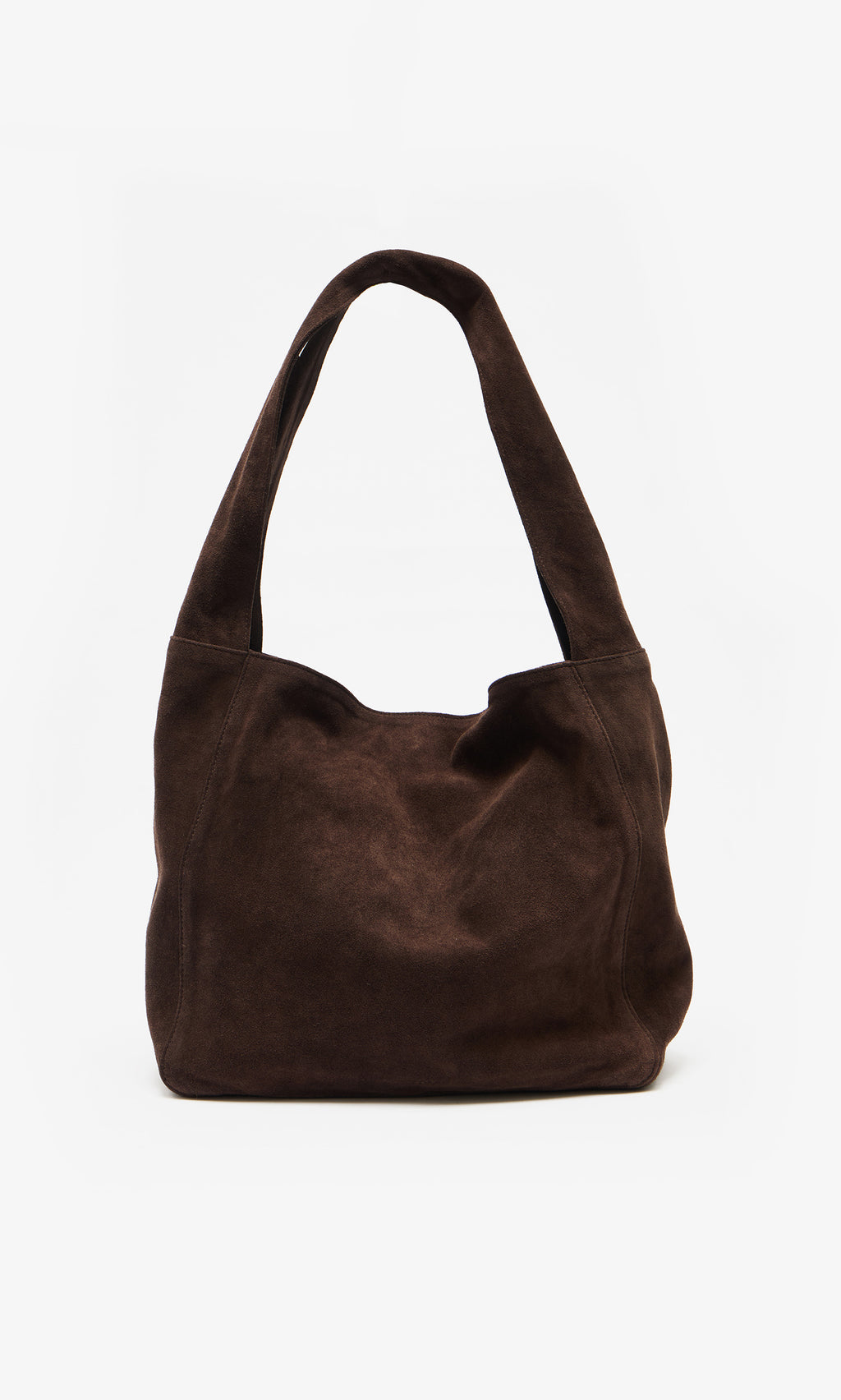 Plümo  Bento Suede Bag in chocolate brown with a wide strap and roomy interior, shown on a plain white background.