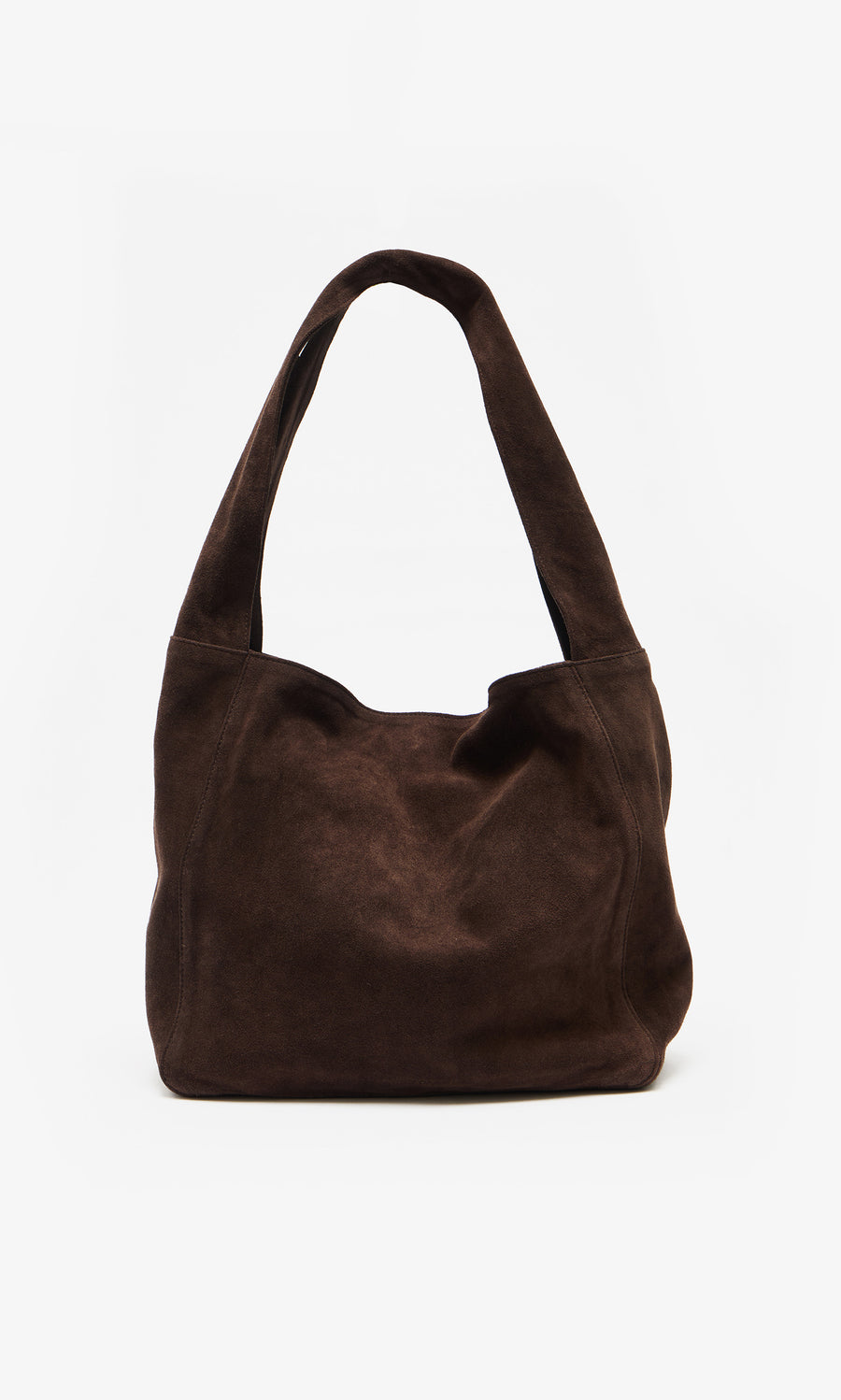 Plümo  Bento Suede Bag in chocolate brown with a wide strap and roomy interior, shown on a plain white background.