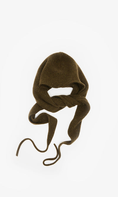 Plümo  Moss Specked Hood: Hand-knitted brown cashmere bonnet with long ties, shown flat on a white background.