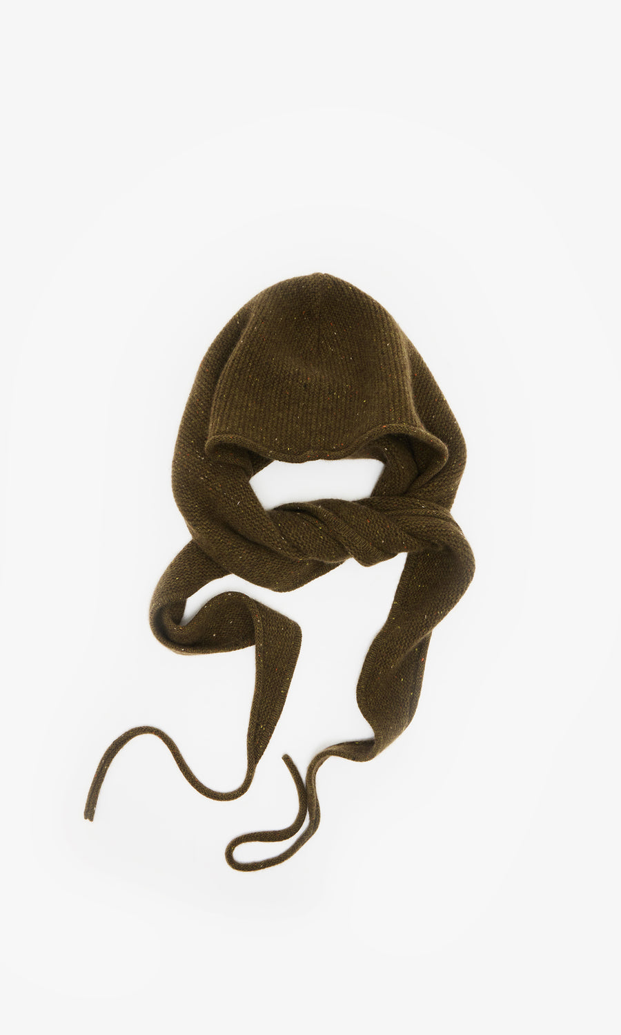 Plümo  Moss Specked Hood: Hand-knitted brown cashmere bonnet with long ties, shown flat on a white background.