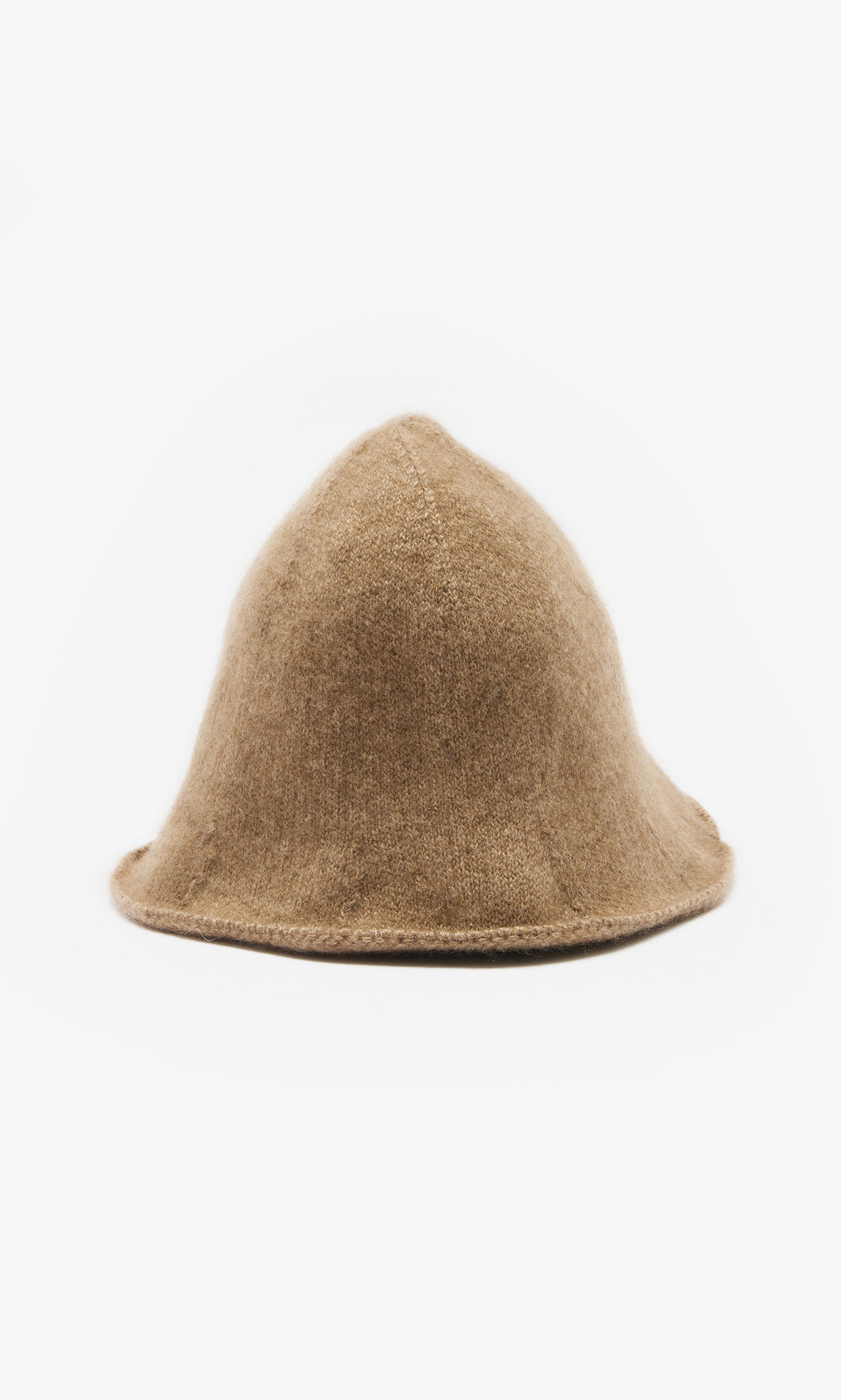 Plümo  Felted Hat: Tan wool hat with a rounded peak and relaxed brim, inspired by classic Mongolian cashmere styles.