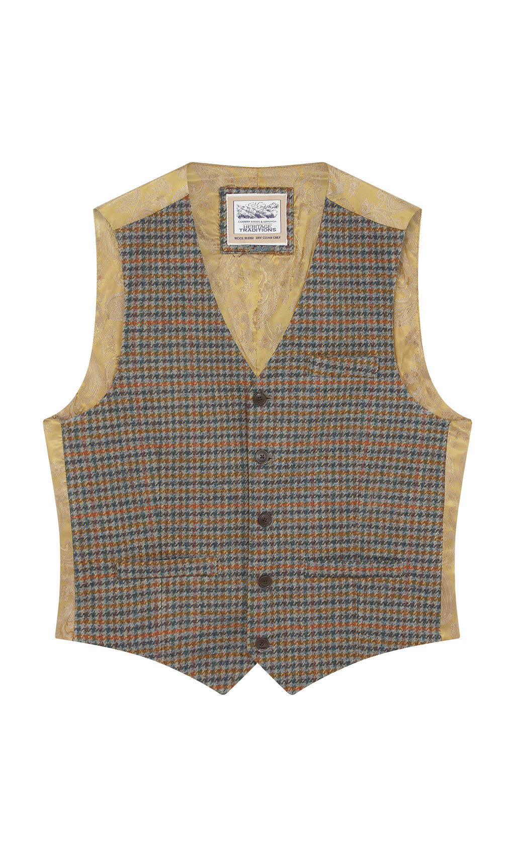 Plümo  Moorland Waistcoat: brown-green houndstooth, yellow paisley lining, five buttons, shown on a white background.