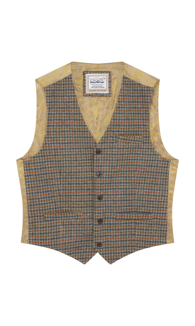 Plümo  Moorland Waistcoat: brown-green houndstooth, yellow paisley lining, five buttons, shown on a white background.
