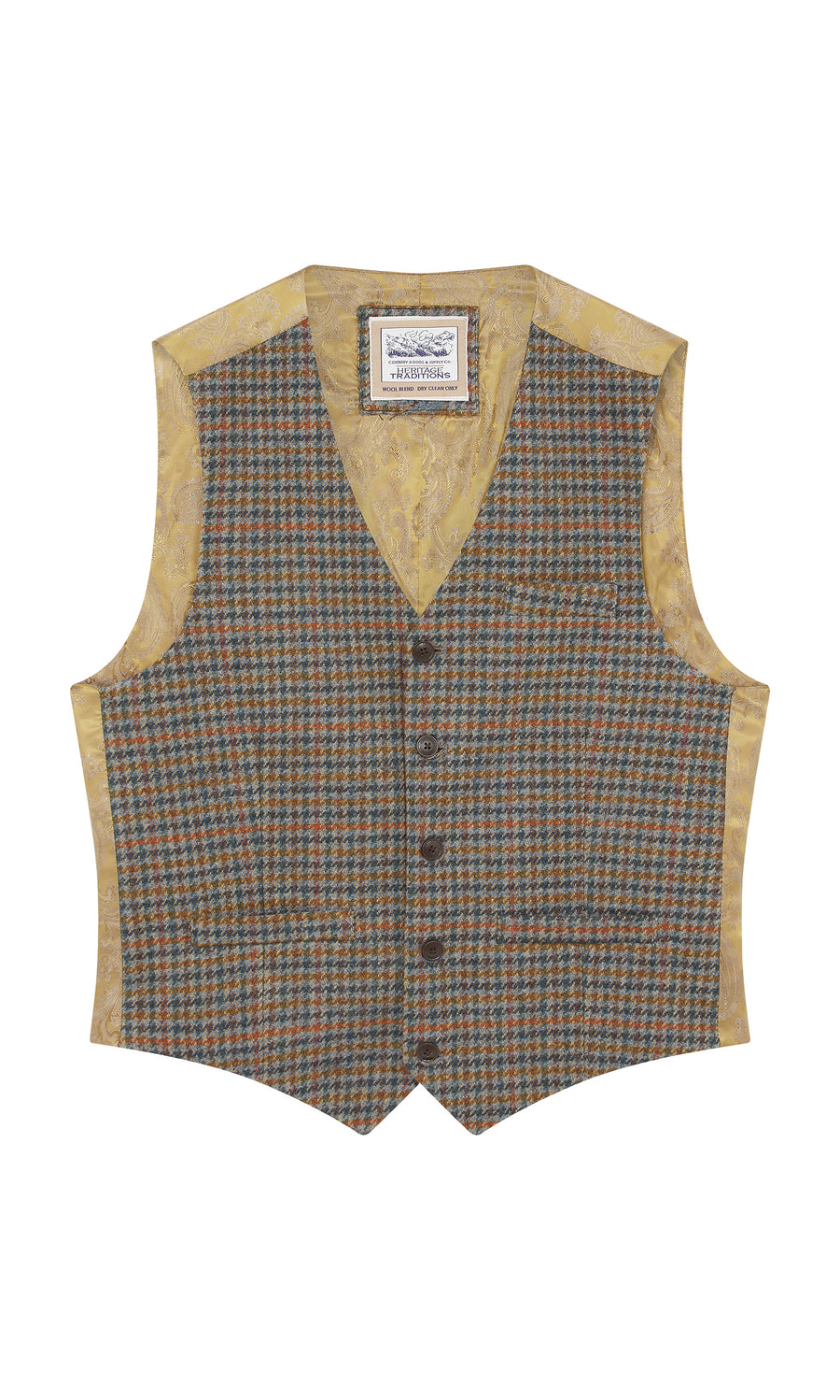 Plümo  Moorland Waistcoat: brown-green houndstooth, yellow paisley lining, five buttons, shown on a white background.