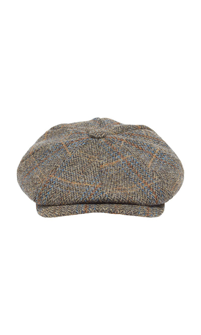 Plümo  The Tweed Flat Cap in brown Yorkshire tweed with a plaid pattern, shown front view on a white background.