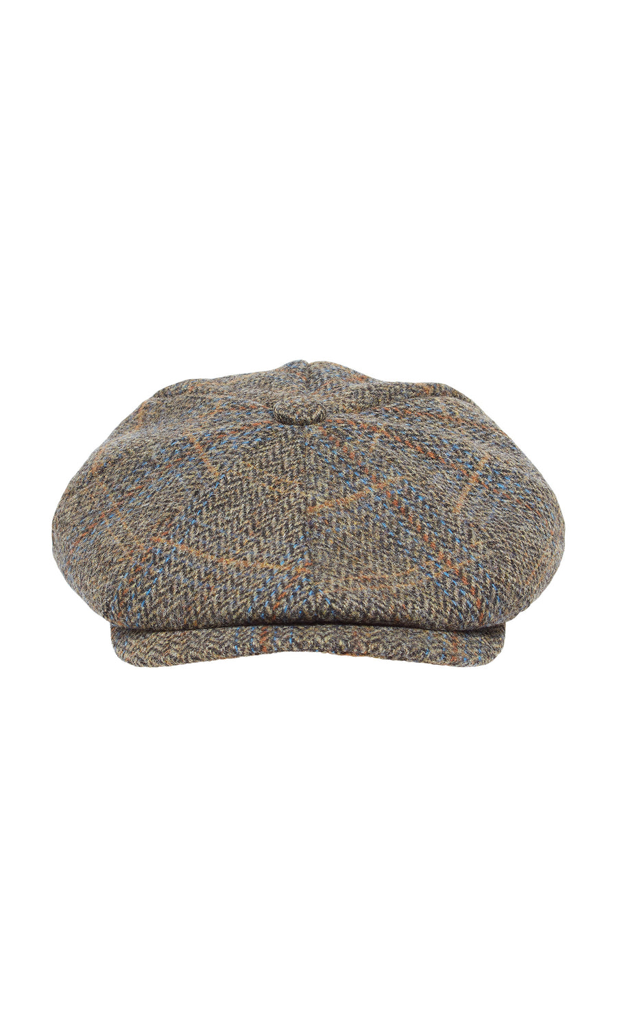 Plümo  The Tweed Flat Cap in brown Yorkshire tweed with a plaid pattern, shown front view on a white background.